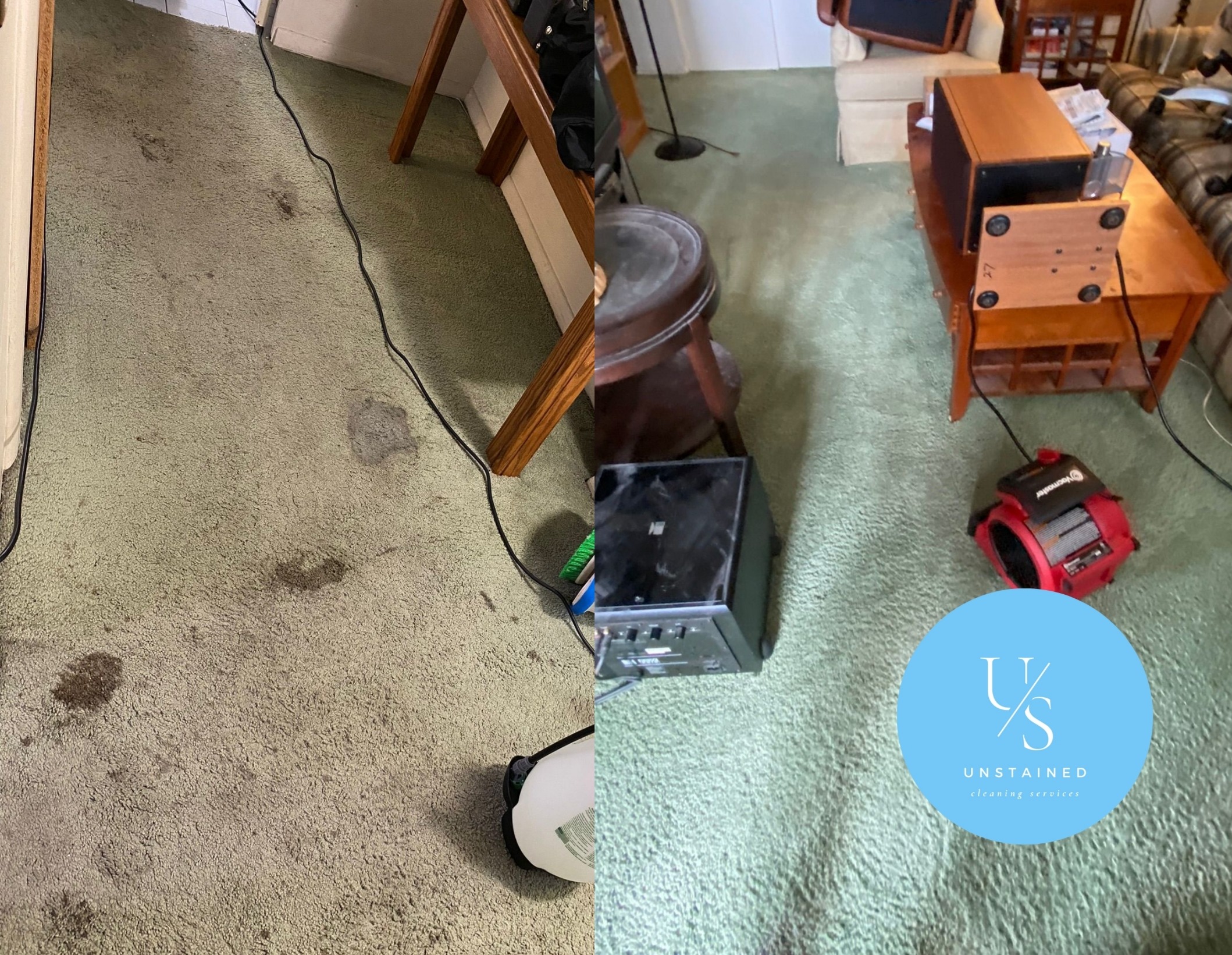 Before and after carpet cleaning in a heavily soiled room by Unstained Cleaning Services using deep agitation and hot water extraction